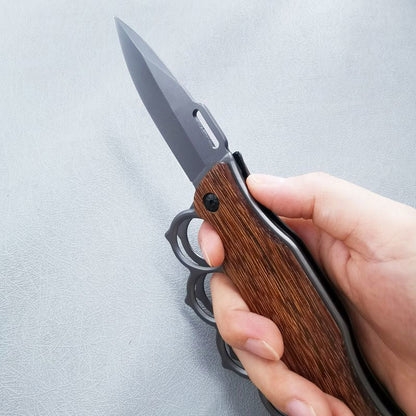 Motifs Knuckle Duster Wooden Handle Folding Knife Defense EDC