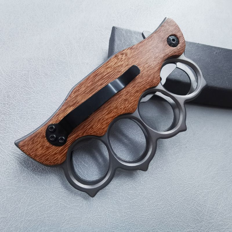 Motifs Knuckle Duster Wooden Handle Folding Knife Defense EDC