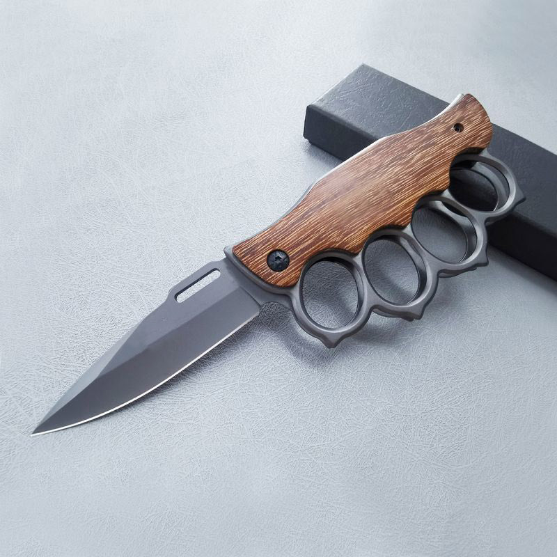 Motifs Knuckle Duster Wooden Handle Folding Knife Defense EDC