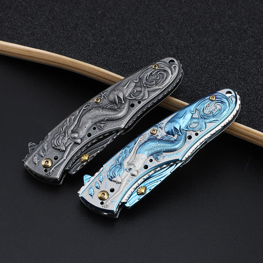 3D Embossed Mermaid Handle Folding Knife Outdoor Hunting EDC