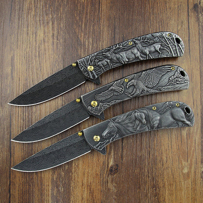 3D Animal Embossed Handle Folding Knife Hunting Defense EDC