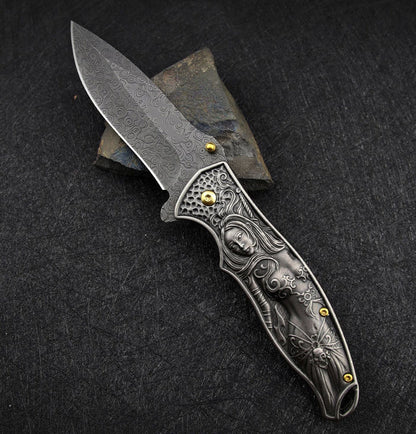 Nyx- Embossed Handle Folding Knife Outdoor Self Defense EDC Tool