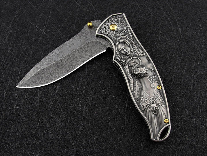 Nyx- Embossed Handle Folding Knife Outdoor Self Defense EDC Tool