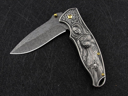 Nyx- Embossed Handle Folding Knife Outdoor Self Defense EDC Tool