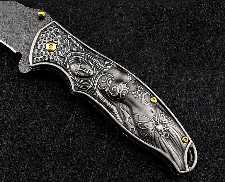 Nyx- Embossed Handle Folding Knife Outdoor Self Defense EDC Tool