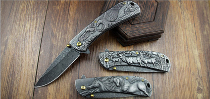 3D Animal Embossed Handle Folding Knife Hunting Defense EDC