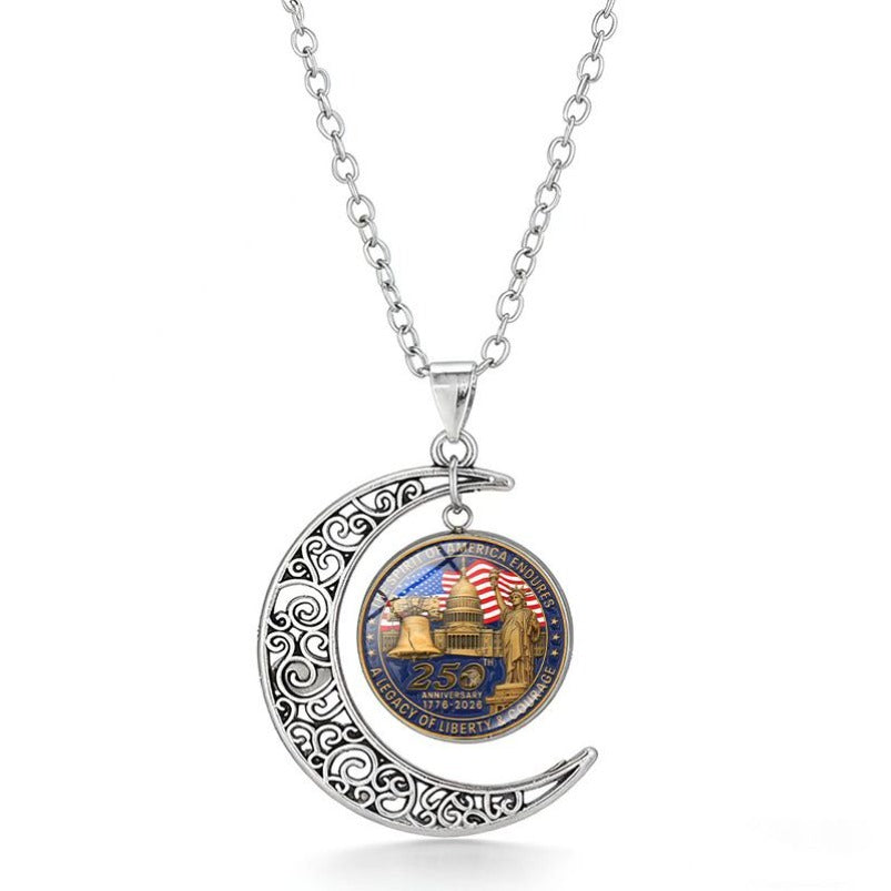 U.S. 250th Anniversary Necklace with Silver Openwork Moon Pendant