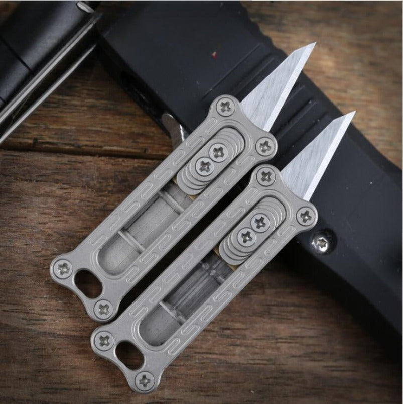 Titanium/Brass Slide-out Sharp Blades Mini Knife with Keychain EDC