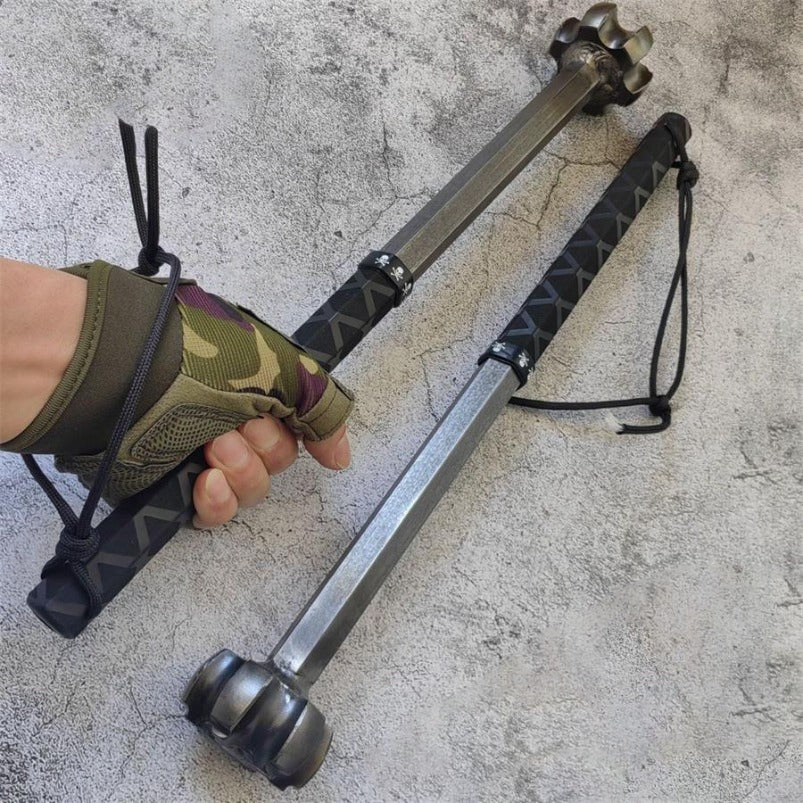 Comparison of half-wrap vs full-wrap shatter hammer grips, both held in gloved hand