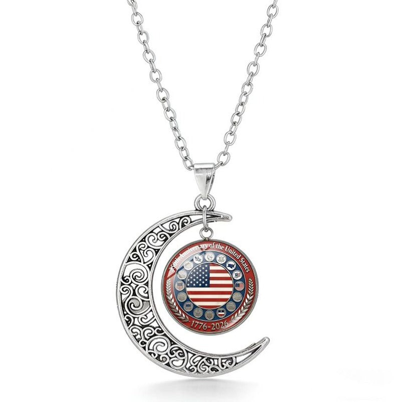U.S. 250th Anniversary Necklace with Silver Openwork Moon Pendant