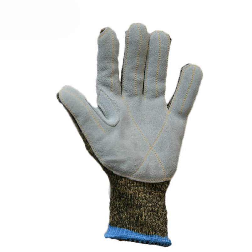 Single camo cut-resistant work glove displaying stitched leather palm and reinforced fingers