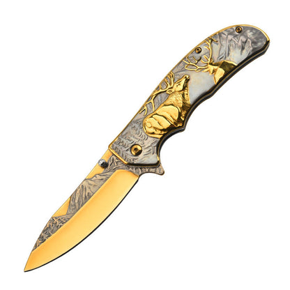 3D Embossed Elk Handle Folding Knife Protective Pocket Knives