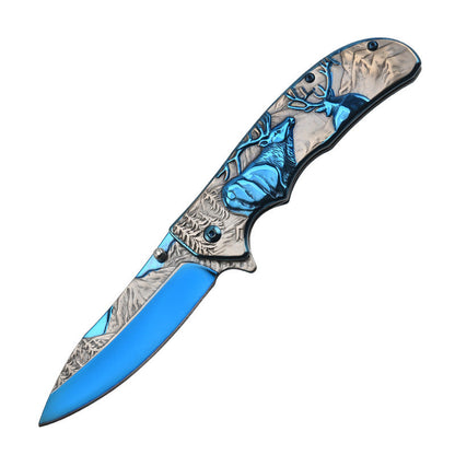 3D Embossed Elk Handle Folding Knife Protective Pocket Knives