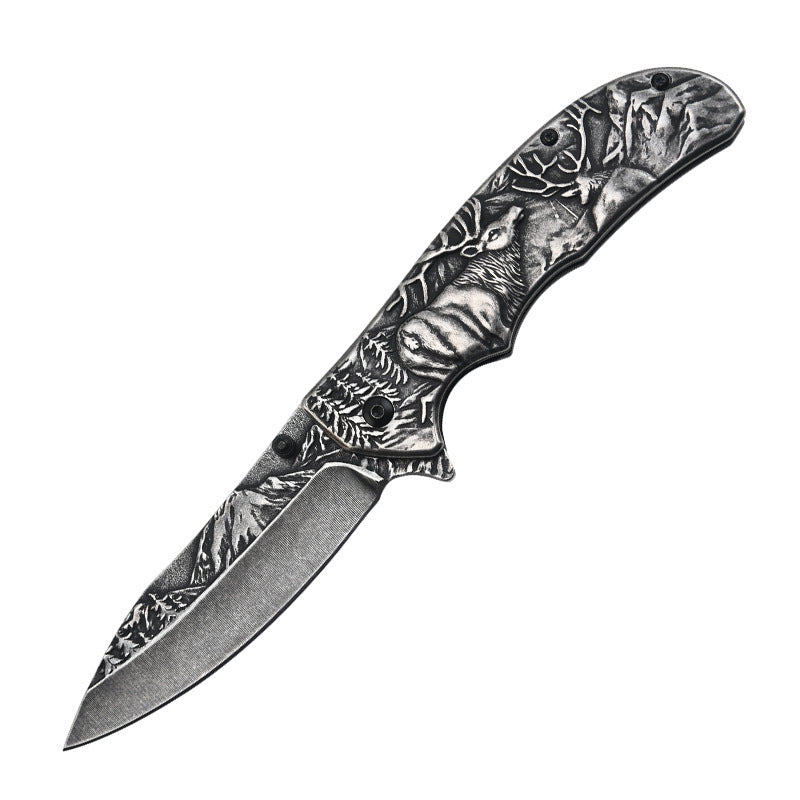 3D Embossed Elk Handle Folding Knife Protective Pocket Knives