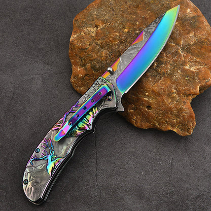 3D Embossed Elk Handle Folding Knife Protective Pocket Knives