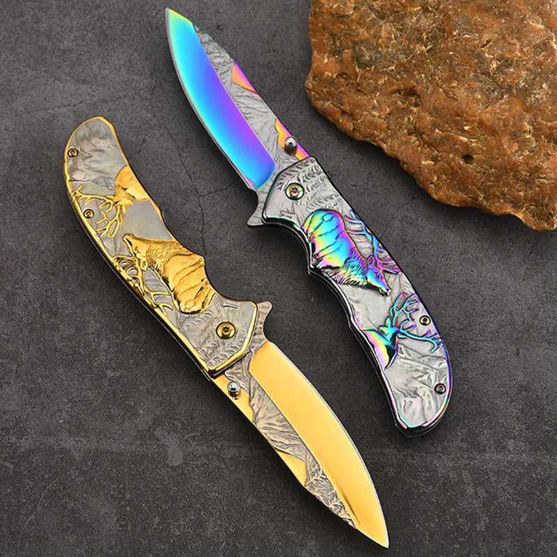 3D Embossed Elk Handle Folding Knife Protective Pocket Knives