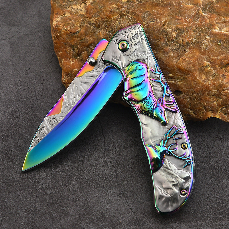 3D Embossed Elk Handle Folding Knife Protective Pocket Knives