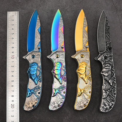 3D Embossed Elk Handle Folding Knife Protective Pocket Knives