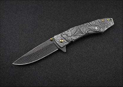 Wolf King-3D Embossed Handle Folding Knife Self Defense Tool