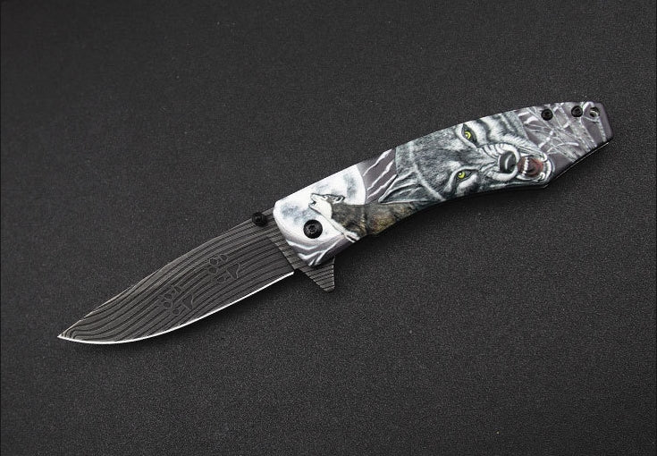 Wolf King-3D Embossed Handle Folding Knife Self Defense Tool