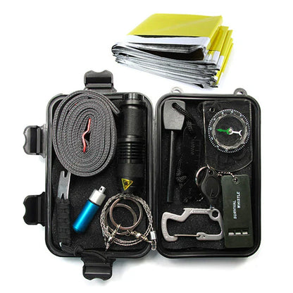 Multifunctional Field Emergency Kit Box Flint Compass Whistle Wire Saw