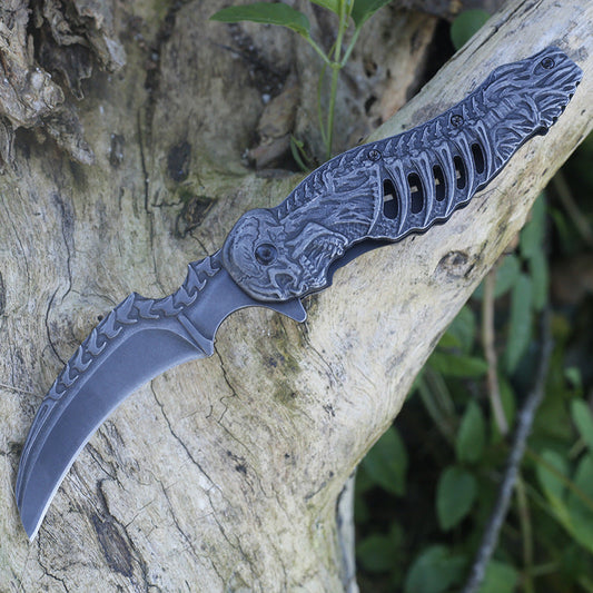 Solid Embossed Human Bone Handle Folding Knife Tactical Knives