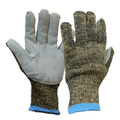 Pair of camo cut-resistant work gloves showing leather palm and knitted camouflage back with blue wrist cuff
