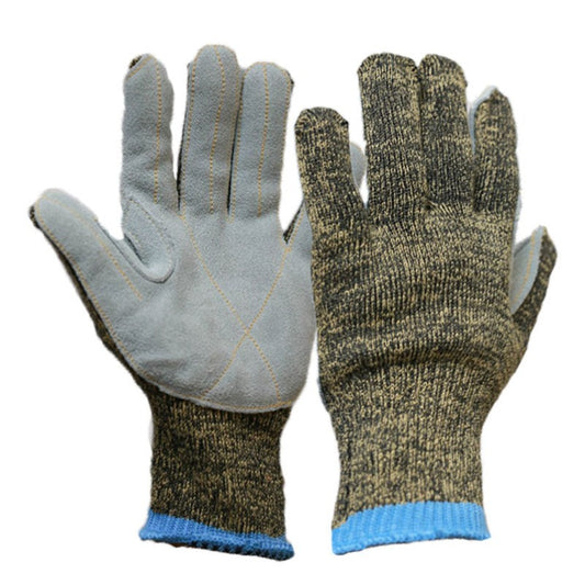 Pair of camo cut-resistant work gloves showing leather palm and knitted camouflage back with blue wrist cuff