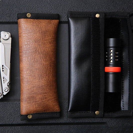 EDC Case Pen Flashlight Leather Sheath Folding Knife