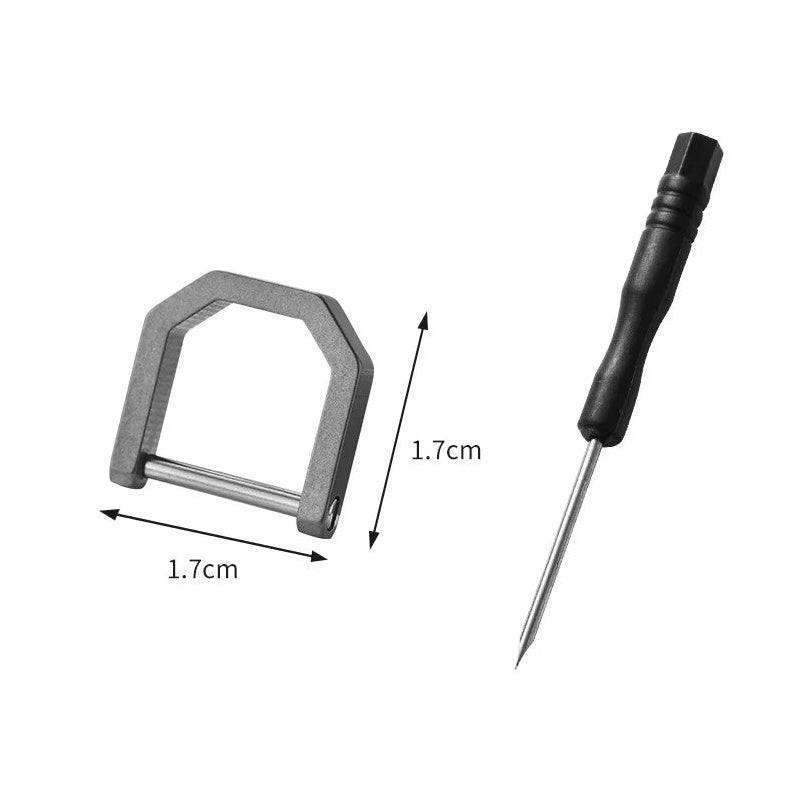 Mini titanium D-ring carabiner size M, 1.7cm x 1.7cm, with steel shaft and hex screwdriver