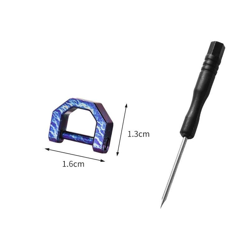 Mini titanium D-ring carabiner size S, 1.6cm x 1.3cm, blue-purple pixel pattern finish with hex screwdriver